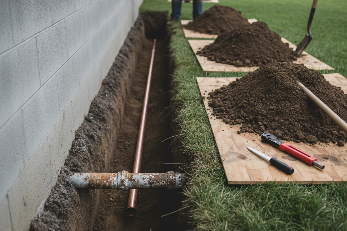 Excavated water line trench during Sewer Line Repair in Fruitport